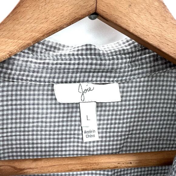Joie Gray Gingham Roll Tab Sleeve Cotton Gauze Button Down Shirt Womens Large - Picture 5 of 5